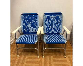 Vintage Macrame Folding Lawn Chairs Blue White Deer Butterfly Aluminum Pair MCM