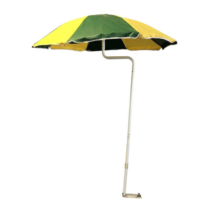 Mid Century Modern BEACH UMBRELLA Green Yellow White hippie vintage 60s 70s metal retro vinyl table attachment