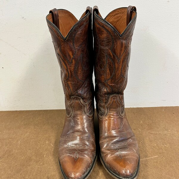 Cowboy Boots MENS 7.5 D Leather pull on western pointed vintage RANCHCRAFT w Original Box brown tall ranch roper horse riding american