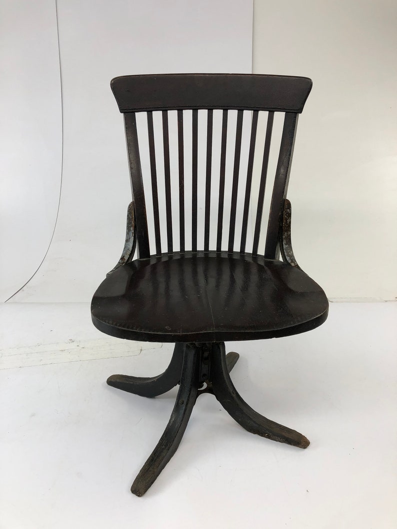 Vintage Wood Office Chair Swivel Banker Desk Courthouse Lawyer Antique Arm Mission Oak Wooden Slat Slatback Living Room Locke Sikes