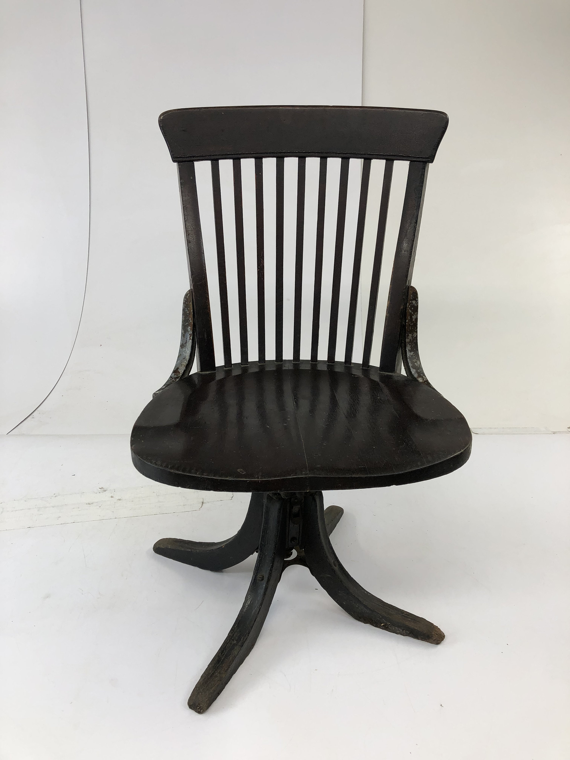 Vintage Wood Office Chair Swivel Banker Desk Courthouse Lawyer Antique Arm Mission Oak Wooden Slat Slatback Living Room Locke Sikes