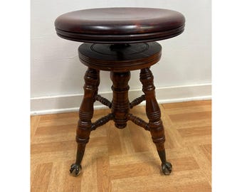Antique Victorian Piano Stool Swivel Adjustable Glass Ball and Claw Feet Wood