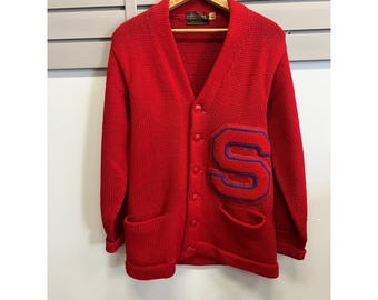 Vintage Standard Pennant Co Red Varsity Letterman Cardigan Sweater Patch Mens 40