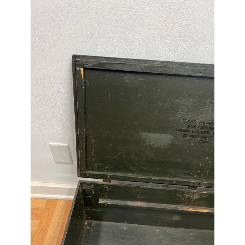 Vintage Military FOOT LOCKER Wood Trunk chest storage green box army US soldier afbeelding 13