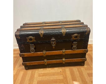 Antique Steamer Trunk Black Metal Wood Flat Top Storage Chest Vintage Victorian