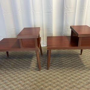 Vintage Mid Century Modern Step Table Pair wood side brown 50s 60s retro laminate modernist mcm tapered legs nightstand plant stand night