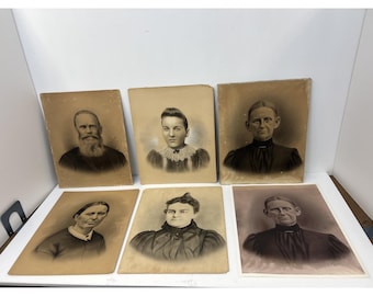 Lot of 6 Antique Charcoal Crayon Enhanced Portrait Photographs early vintage old