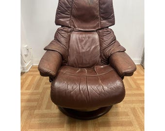 Ekornes Reno Stressless Recliner Chair Brown Leather Swivel Mid Century Modern