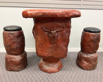 Vintage CHESS TABLE & STOOL Set Cast Plaster texas longhorn checkers retro game western decor brown americana