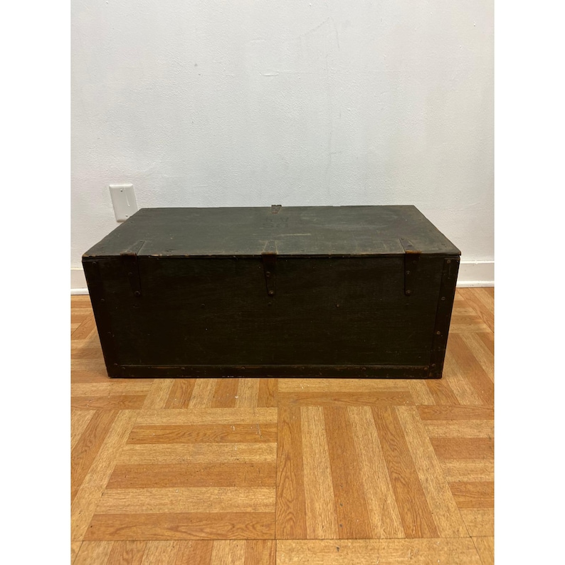 Vintage Military FOOT LOCKER Wood Trunk chest storage green box army US soldier afbeelding 8