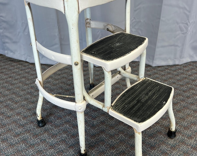 Vintage COSCO STEP STOOL White Metal Industrial Steampunk Folding Steel ...