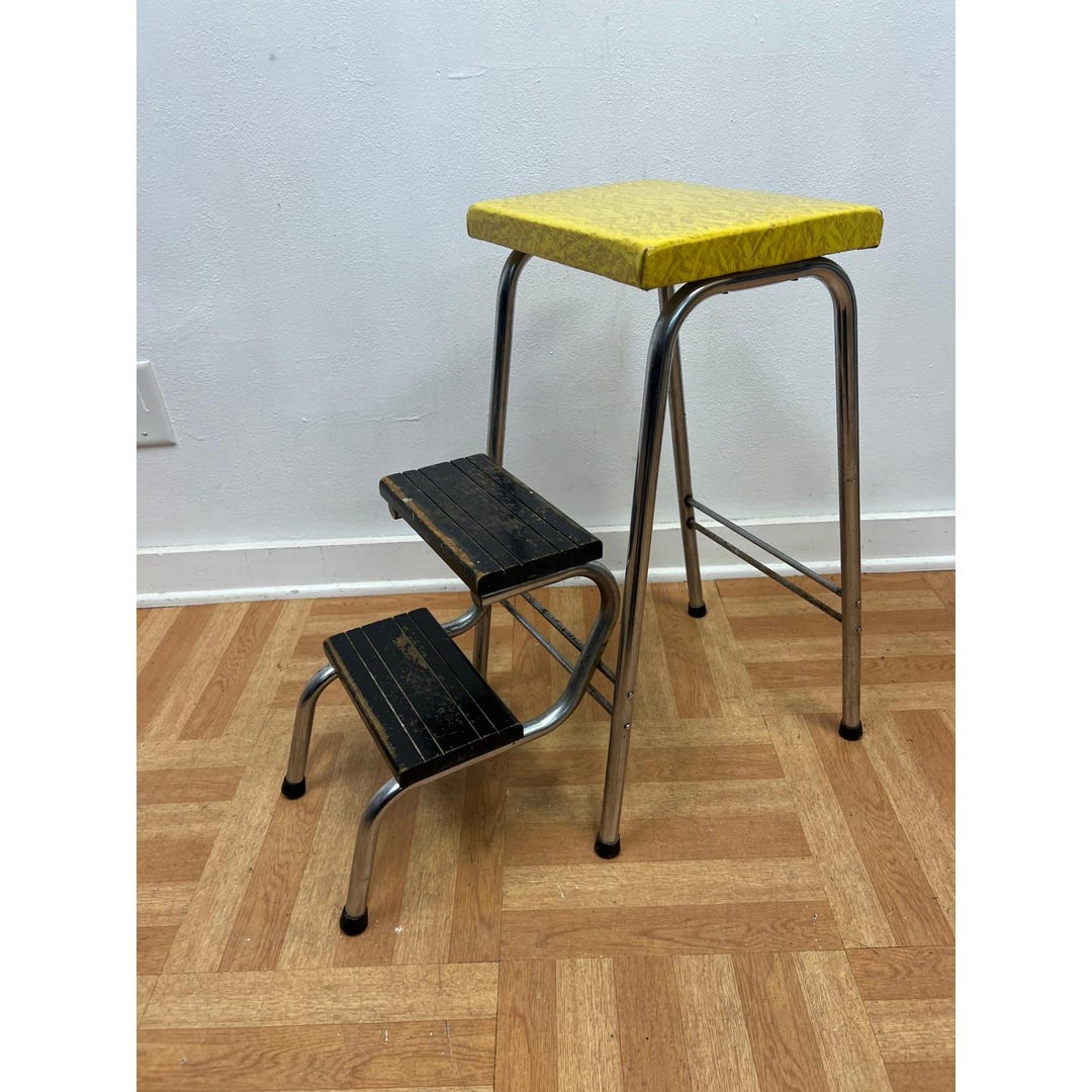 Vintage Mid Century Step Stool Kitchen Yellow Vinyl Seat Chair Folding ...