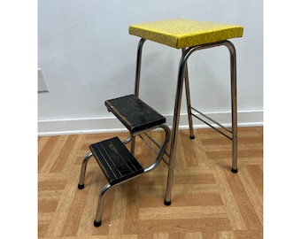 Vintage Mid Century Step Stool Kitchen Yellow Vinyl Seat Chair Folding Steps tro