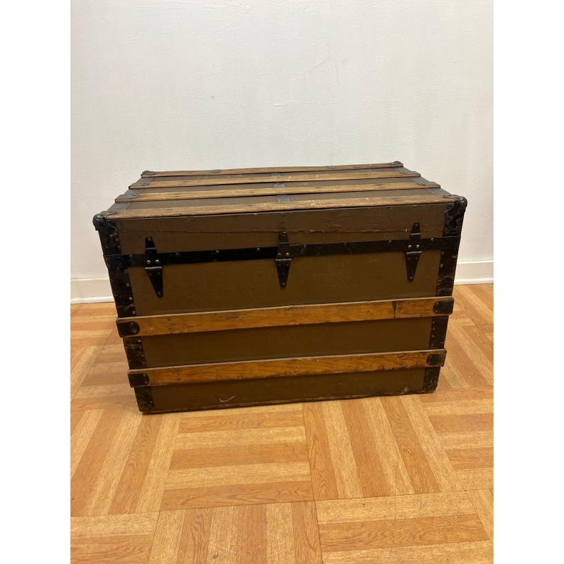 Vintage WOOD STEAMER TRUNK chest coffee table storage box antique brown tv stand Bild 5