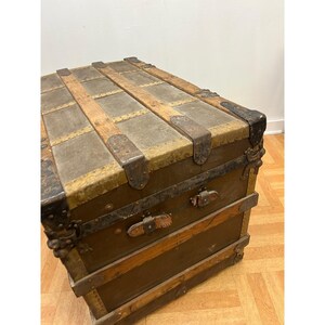 Vintage WOOD STEAMER TRUNK chest coffee table storage box antique brown tv stand 画像 8