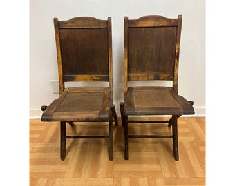 Antique Folding Chair Pair vintage wooden set rustic church bistro Readsboro Mfg