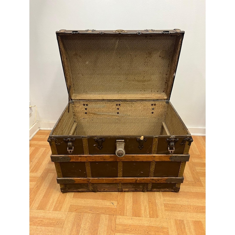 Vintage WOOD STEAMER TRUNK chest coffee table storage box antique brown tv stand 画像 11