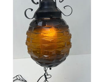 Vintage Amber Glass Swag Lamp Mid Century Textured Hanging Ceiling Light Black