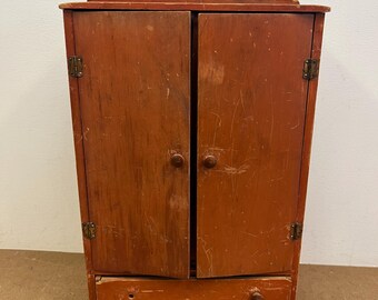 Vintage DOLLHOUSE WARDROBE toy dresser doll storage antique salesman sample miniature wood childs clothing clothes ornate primitive decor US