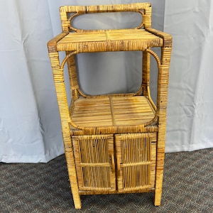 Vintage WICKER CABINET side table rattan bathroom fixture storage plant stand 70s 60s shelf unit wall display brown