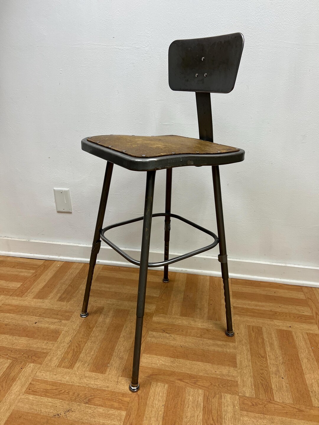 Vintage INDUSTRIAL STOOL Steel Metal Chair Seat Steampunk Factory ...