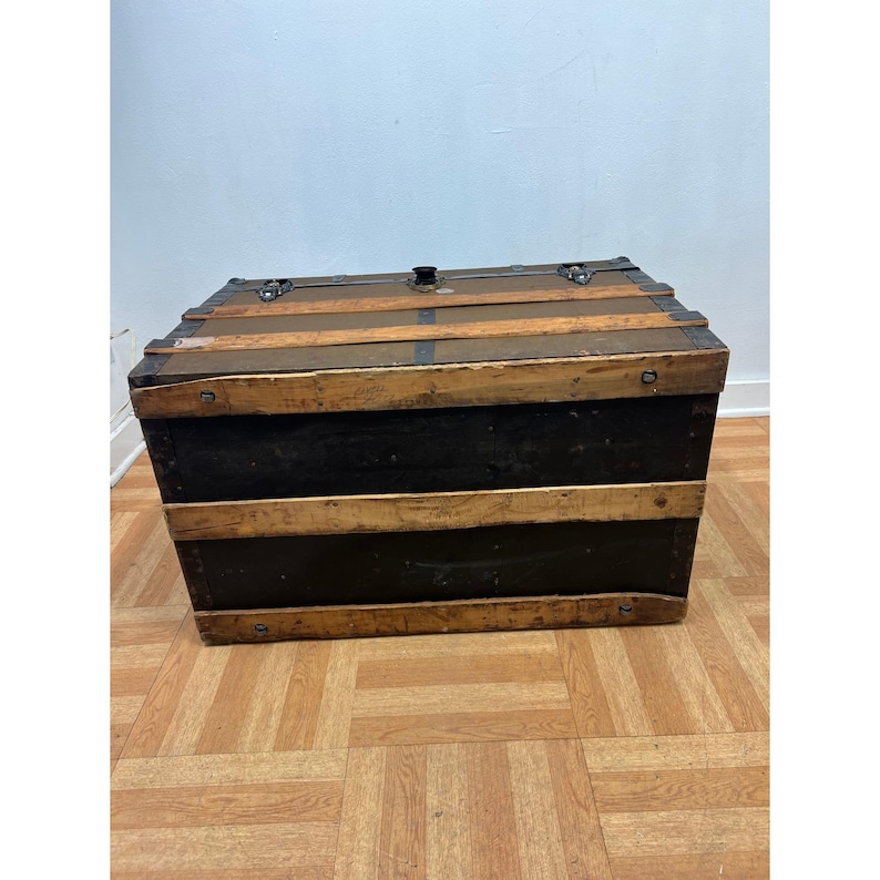 Vintage WOOD STEAMER TRUNK chest coffee table storage box antique brown tv stand Bild 7