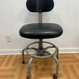 Vintage INDUSTRIAL STOOL desk chair drafting office swivel black bar tanker mid century modern retro green 60s united rolling computer