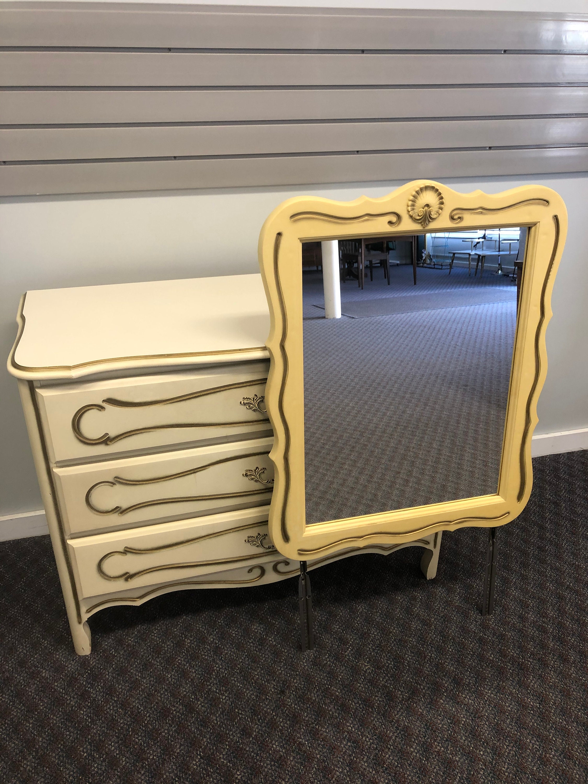 Vintage WOOD DRESSER & MIRROR French Provincial White Gold Etsy