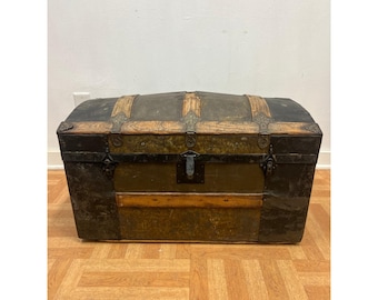 Antique Camelback Steamer Trunk Wood Vintage Storage Chest Humpback Embossed USA