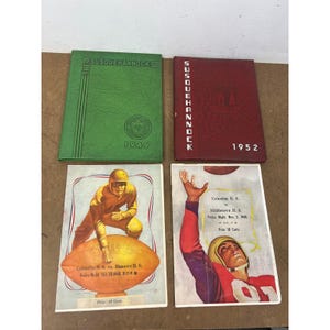 May include: Two hardcover yearbooks titled The Susquehannock from 1949 and 1952 in green and maroon, alongside two vintage football game programs featuring illustrations of players and text detailing Columbia H.S. versus Hanover and Middletown.
