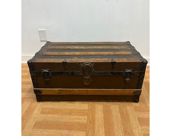 Vintage WOOD STEAMER TRUNK chest coffee table storage box antique tv stand brown