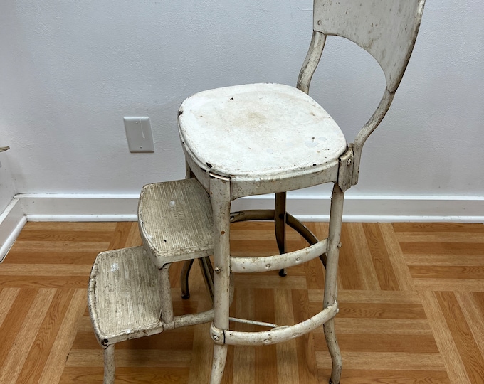 Vintage COSCO STEP STOOL White Metal Industrial Steampunk Folding Steel Chair Retro Mid Century