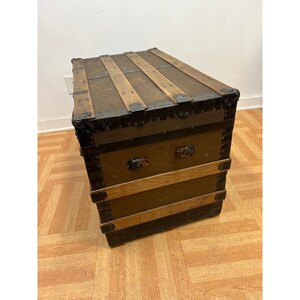Vintage WOOD STEAMER TRUNK chest coffee table storage box antique brown tv stand Bild 4