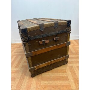 Vintage WOOD STEAMER TRUNK chest coffee table storage box antique brown tv stand 画像 7