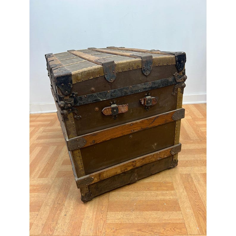 Vintage WOOD STEAMER TRUNK chest coffee table storage box antique brown tv stand 画像 7
