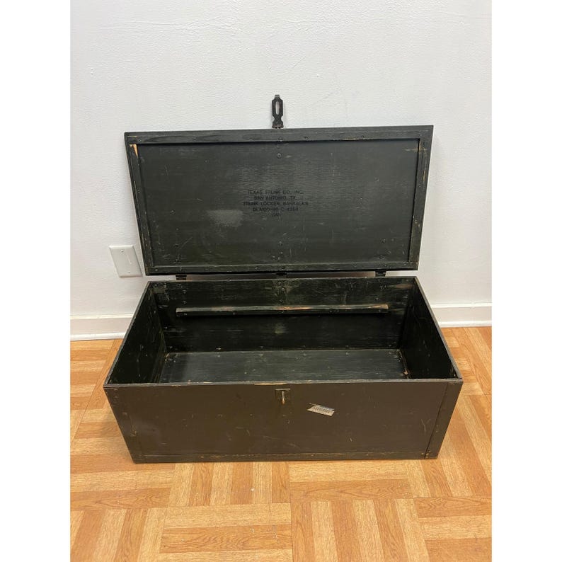 Vintage Military FOOT LOCKER Wood Trunk chest storage green box army US soldier afbeelding 12