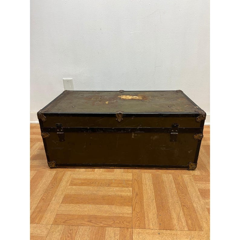 Vintage Military FOOT LOCKER Trunk chest storage green box army US soldier field image 5