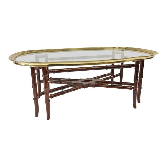 Faux Bamboo Coffee Table Brass Glass Top Ornate Baker Image 0