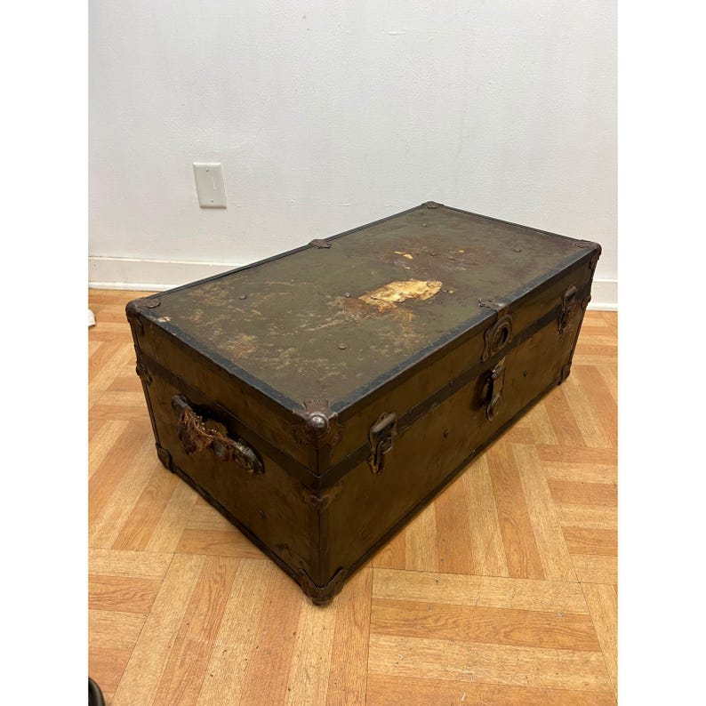 Vintage Military FOOT LOCKER Trunk chest storage green box army US soldier field image 9