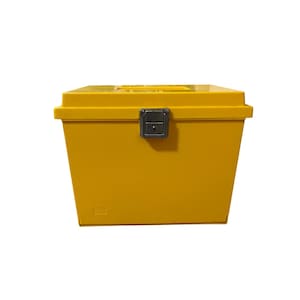 May include: A bright yellow toolbox with a rectangular shape and a hinged lid. The box features a silver-colored latch for secure closure. The design is simple and functional, suitable for storing tools and equipment.