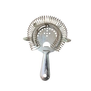 May include: A silver-colored stainless steel cocktail strainer featuring a circular head with a perforated surface, a tightly coiled spring spanning the upper perimeter, two small side tabs, and a flat handle with a circular hole at the base.