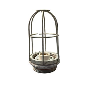 May include: A vintage-style metal cage light fixture with a silver finish. The cage surrounds a light socket with a cream-colored bulb holder. The base is a threaded, industrial-style design.