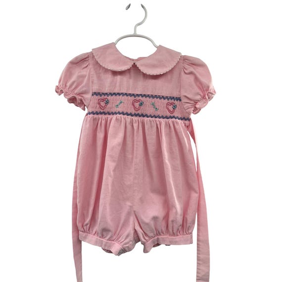 Vintage Allison Ann 24M Pink Smocked Bubble Romper Hearts Flowers Used