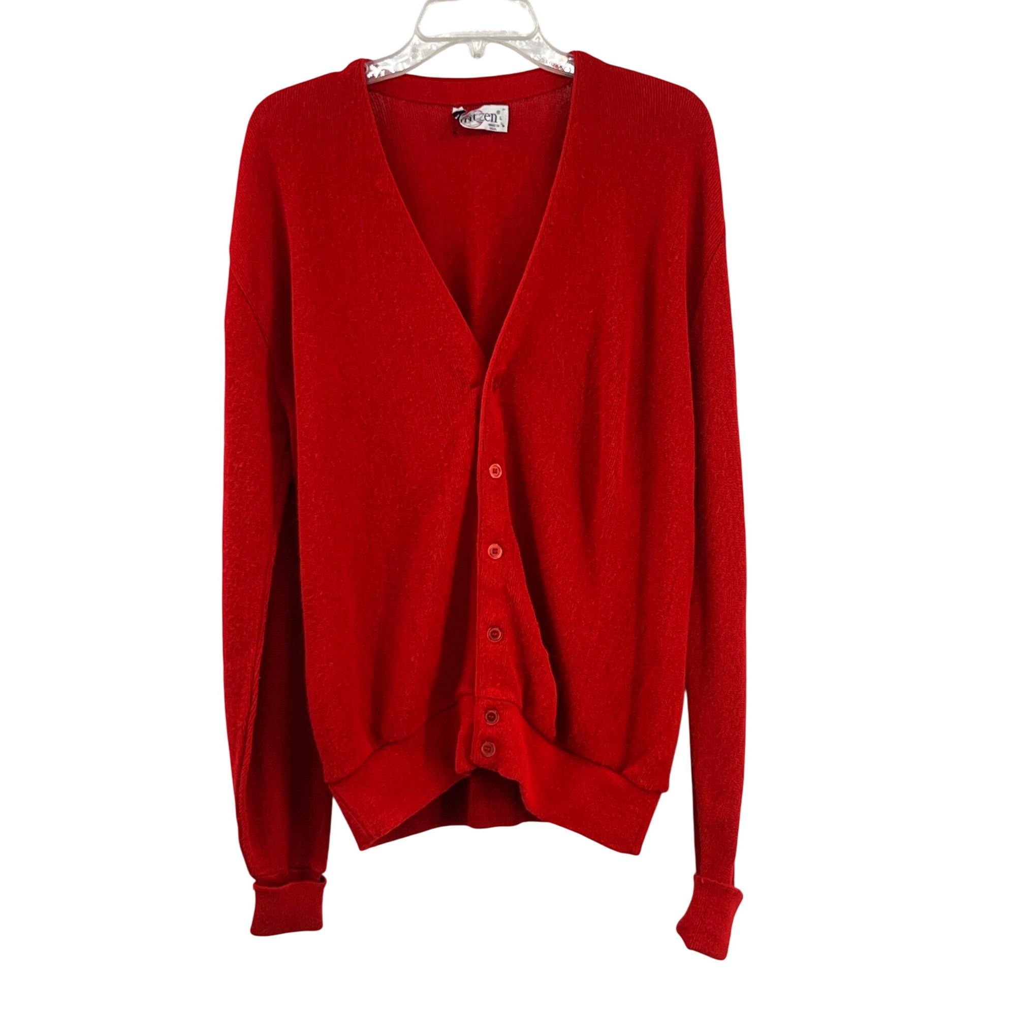 トップス 70s Jantzen Jacquard Knit Cardigan Vintage 70s Jantzen Red Polyester Cardigan Sweater Mens Sz L