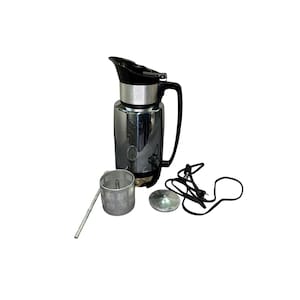 May include: A vintage chrome electric coffee percolator with a black handle and spout. Includes a filter basket, lid, and power cord. The coffee maker has a classic design.
