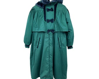 Vintage Rothschild Green Faux Fur Hooded Coat Womens M/L Velvet Bows Used Unique