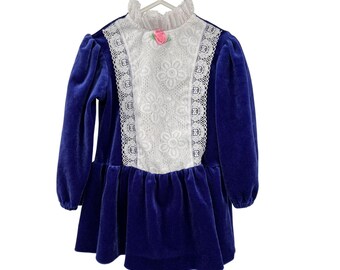 Vintage Toddler Girls 4T Blue Velvet Lace Dress Long Sleeve Party Holiday Used