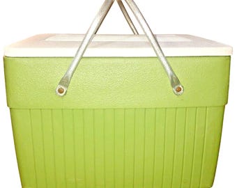 Vintage Green White Metal Handle Cooler Medium Camping Picnic Used