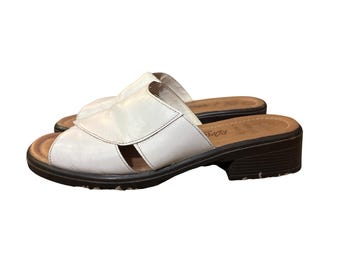 Vintage Romano White Leather Crossover Slide Sandals Block Heel Women's 7 Used