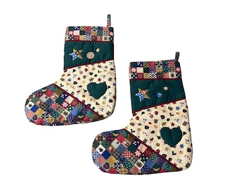 Handmade Patchwork Print Quilted Christmas Stockings Set Of 2 14” Used